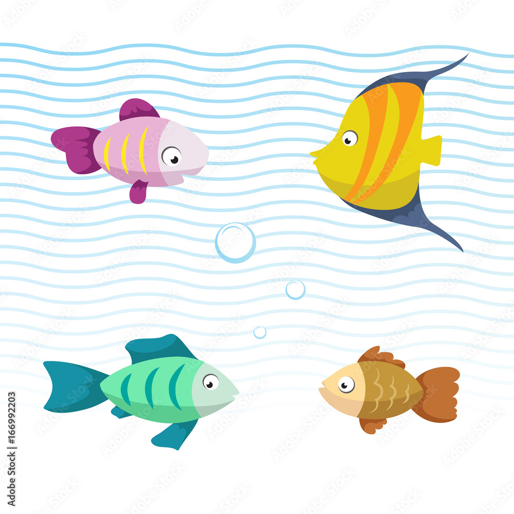 Cute coral reef fishes vector illustration icons set. Collection of funny colorful fish. Vector isolated cartoon marine characters.