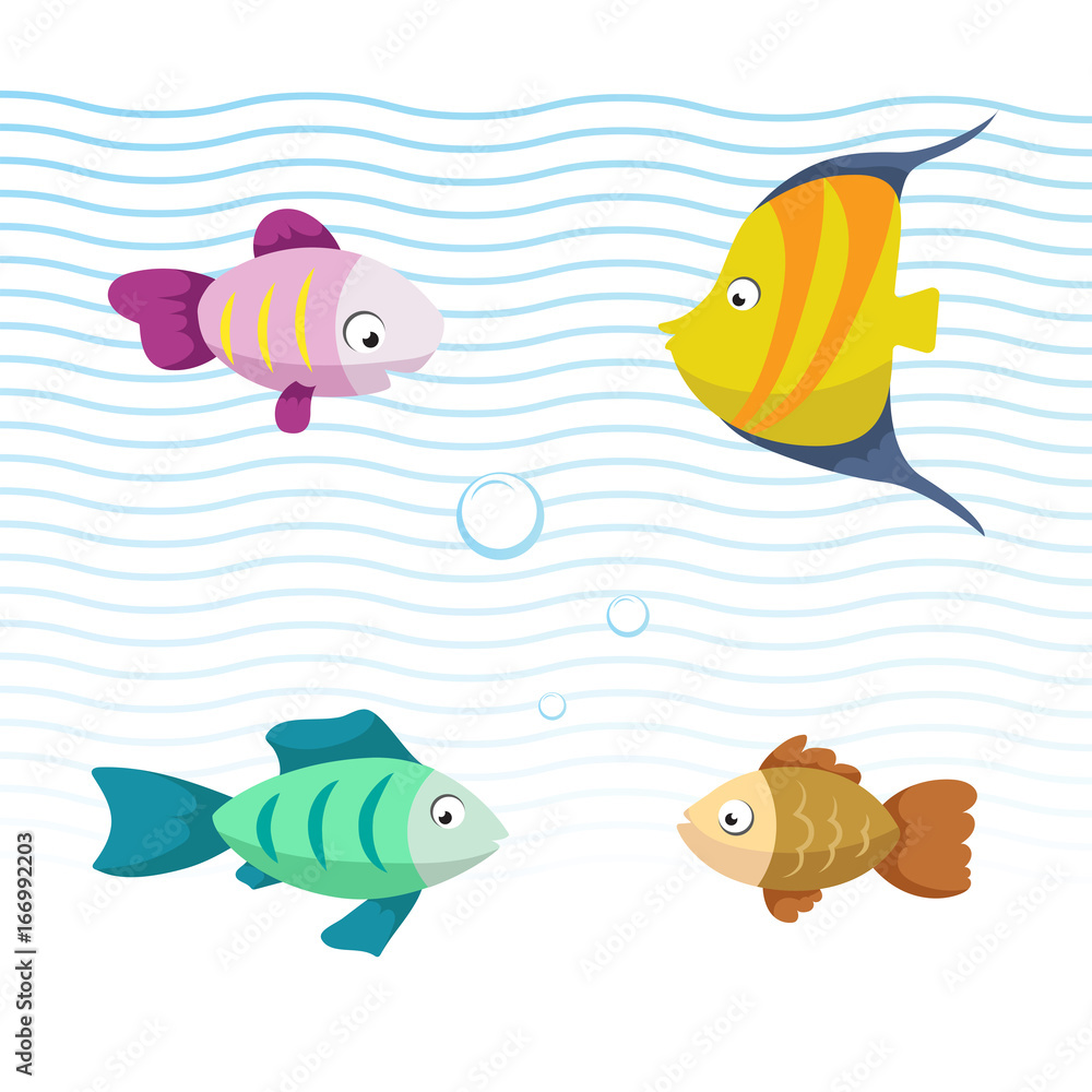 Fototapeta premium Cute coral reef fishes vector illustration icons set. Collection of funny colorful fish. Vector isolated cartoon marine characters.