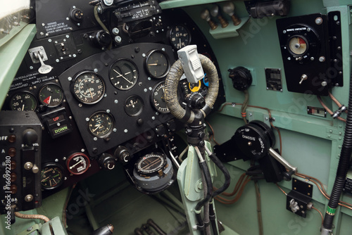 Canvas Print morecambe, england, 02/05/2016, The cockpit and controls inside a world war two spitfire british war plane