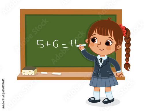 Schoolgirl writing on the blackboard. (Vector illustration)