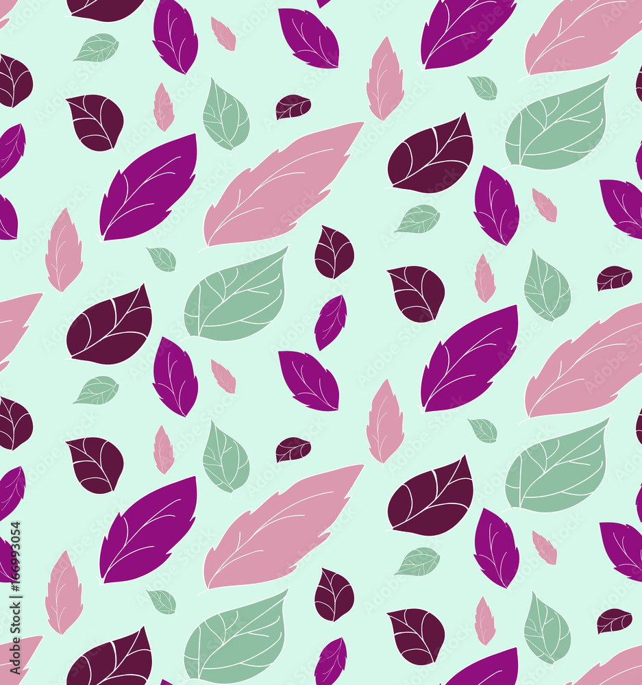 Vector beautiful leaves pattern on a green background, seamless