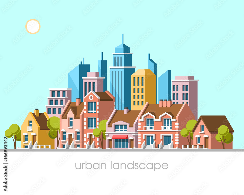 Modern city view. Traditional architecture landscape. Real estate. Flat vector illustration. 3d style.