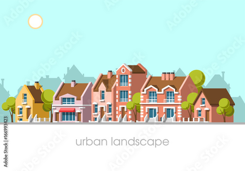 Modern city view. Traditional architecture landscape. Real estate. Flat vector illustration. 3d style.