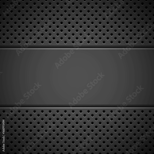 Black abstract technology background with seamless circle perforated pattern, speaker grill texture and bevels for design concepts, wallpapers, web, presentations and prints. Vector illustration.