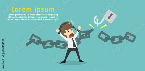 Businessman cut the chain and free himself from debt.Financial freedom .Business young cartoon of success concept is man character.businessman emotions moving include icon of man.Vector Illustration