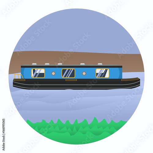 Side View Canal Boat on Wavy Blue Water Vector Illustration with Grass and Land in Circle Frame for Artwork Element of Transportation or Recreation of United Kingdom or Europe Related Design