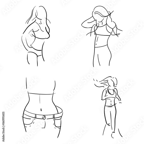 Hand drawn vector. Concept slimming symbol weight loss. Silhouette of sport girl with slender figure