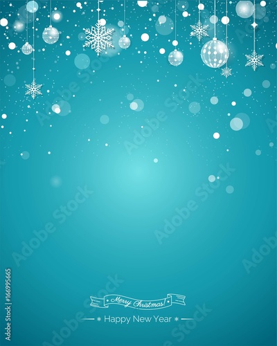 Merry christmas and Happy new year 2018 holiday sparkling background. Happy holidays banner with snowflakes and christmas decorations on blue sparkling background. Greeting card. Vector illustration. photo