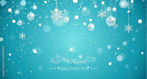 Merry christmas and Happy new year 2018 holiday sparkling background. Happy holidays banner with snowflakes and christmas decorations on blue sparkling background. Greeting card. Vector illustration.