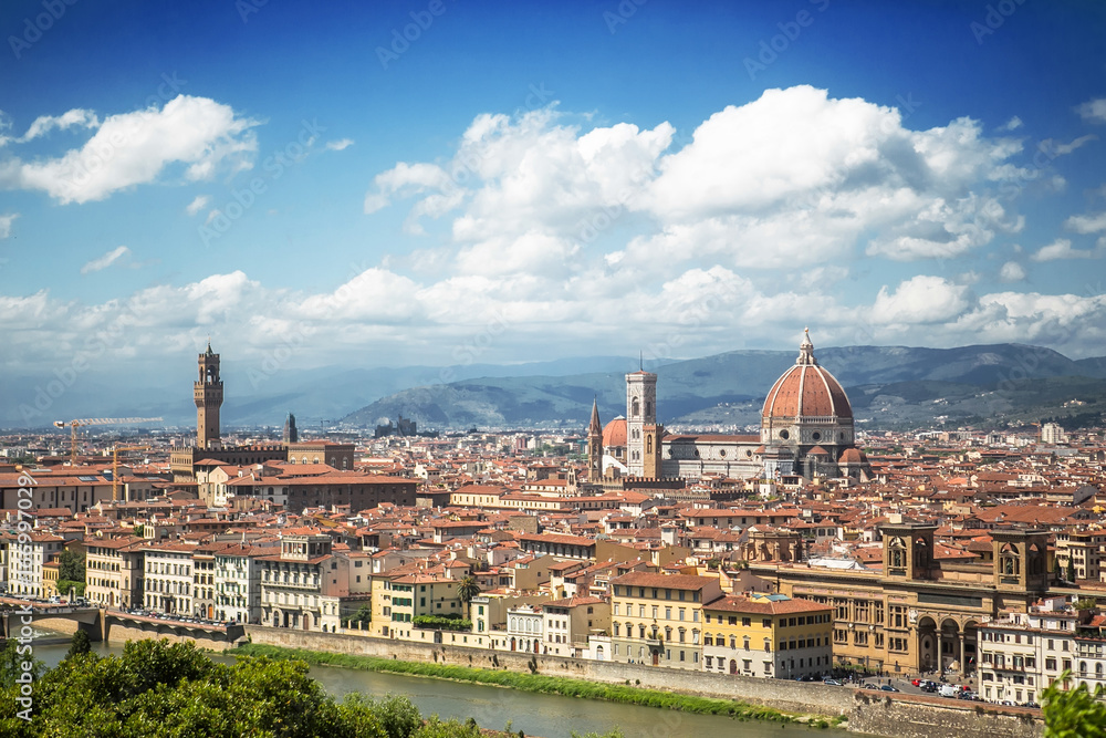 Italy, Florence. View of the Cathedral of Santa Maria del Fiore and Palazzo Vecchio from the Piazzale Michelangelo.