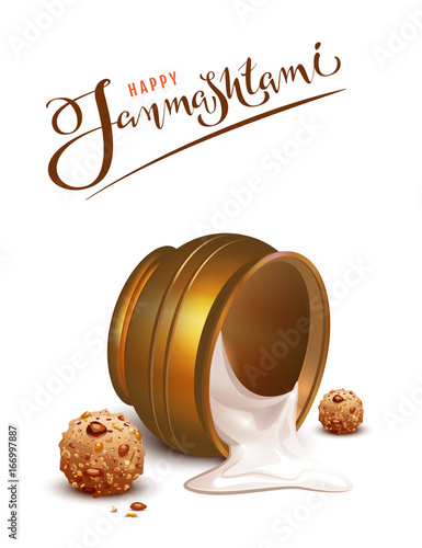 Happy Janmashtami lettering text and overturned pot greeting card