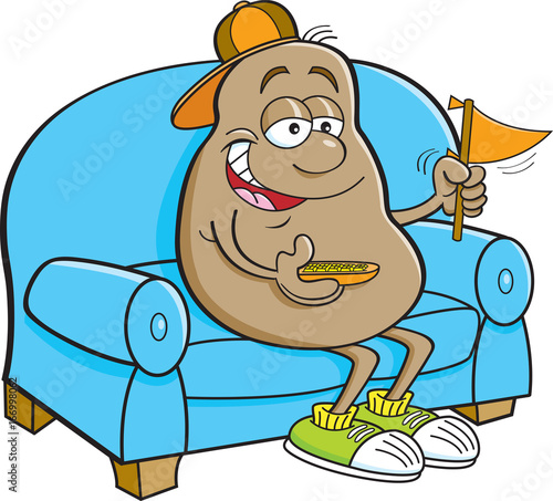Cartoon illustration of a potato sitting on a couch and holding a pennant