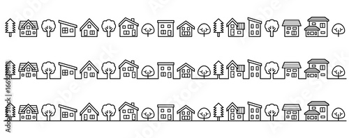 デフォルメした家と木の並び(線画)