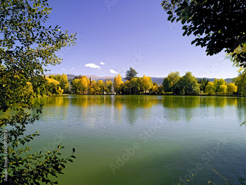 lago en Puigcerda pueblo en los Pirineos de Girona Cataluña España photo