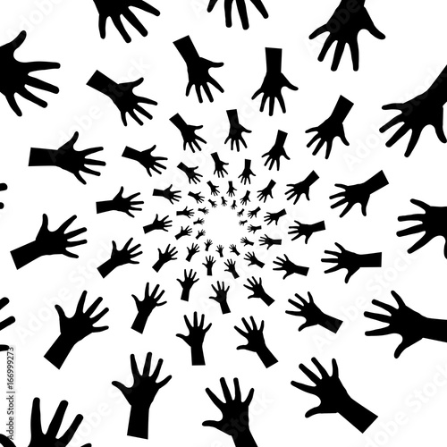 Background  pattern  black and white spiral pattern. Round centered Halftone illustration. Hand  palm  fingers  greeting  rotation