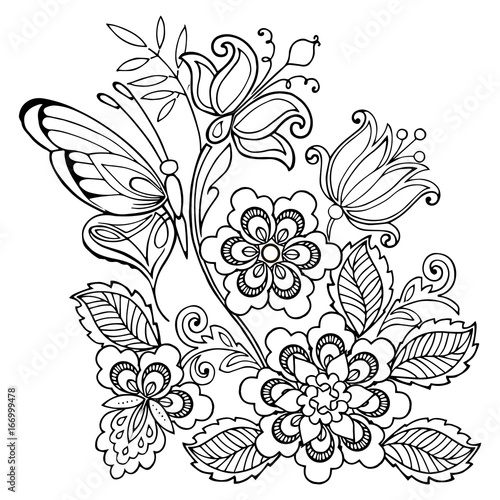 Hand drawn flowers and butterflies for the anti stress coloring page