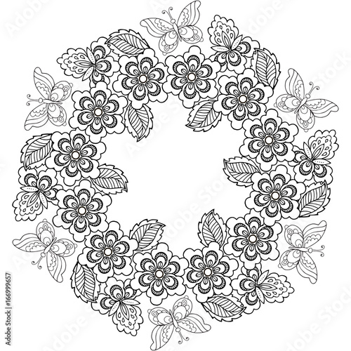 Hand drawn wreath of flowers for the anti stress coloring page