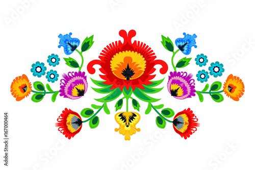 Folk embroidery ornament with flowers. Traditional authentic polish pattern decoration - wycinanka, Wzory Lowickie