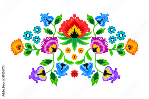 Folk embroidery ornament with flowers. Traditional authentic polish pattern decoration - wycinanka, Wzory Lowickie