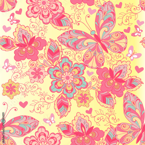 Pink seamless pattern of butterflies and flowers. Decorative ornament backdrop for fabric, textile, wrapping paper