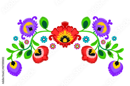 Folk embroidery ornament with flowers. Traditional authentic polish pattern decoration - wycinanka, Wzory Lowickie