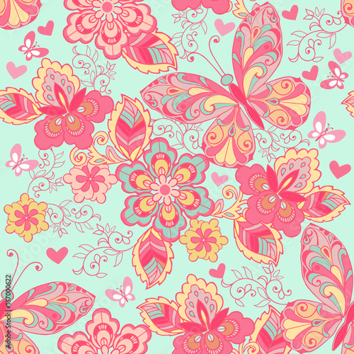 Seamless ornament with pink butterflies, hearts and flowers on a blue background. Decorative ornament backdrop for fabric, textile, wrapping paper