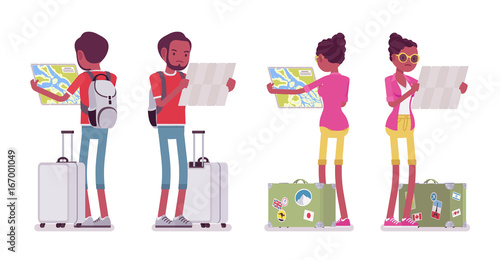 Black male and female tourist map reading