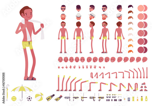 Young slim man in swimming trunks. Character creation set