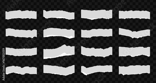 A set of 16 torn pieces of paper. Detail traced edges with villi paper. Vector illustration.