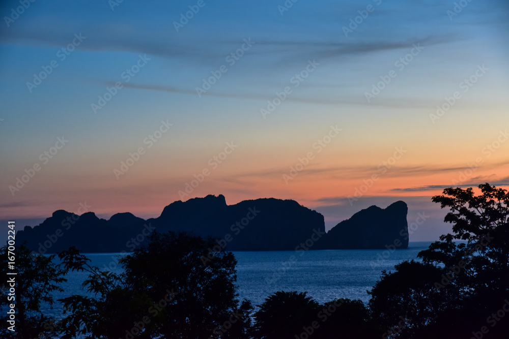 The silhouette of Koh Phi Phi island during the sunset - Thailand