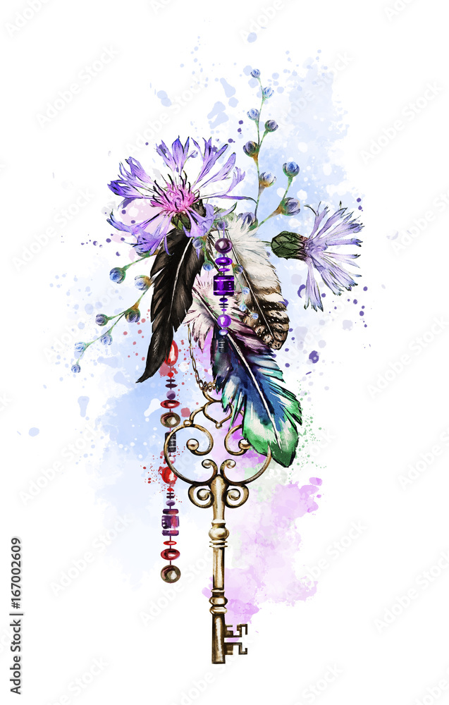 Obraz niebieska akwarela ilustracja z róż i innych kwiatów, kluczy i piór. Plemienny tło z kwiatami, biżuteria, motyl. Fajny nadruk na koszulce, Tatuaż. Zabytkowe