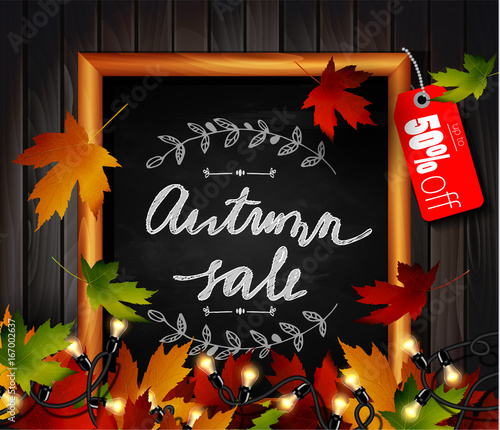 Chalkboard with autumn leaves photo