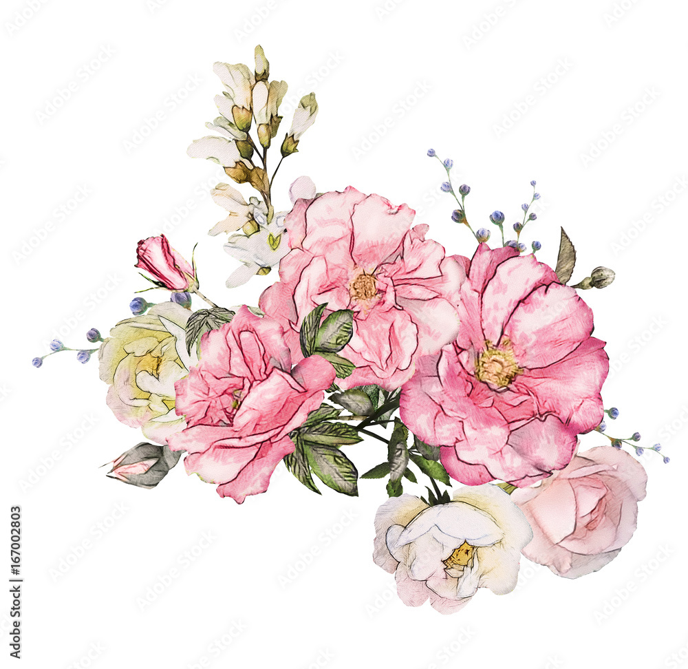 watercolor flowers isolated on white background. floral illustration in Pastel colors,  pink rose. Bouquet of flowers. Leaf and buds. Cute composition for wedding or greeting card
