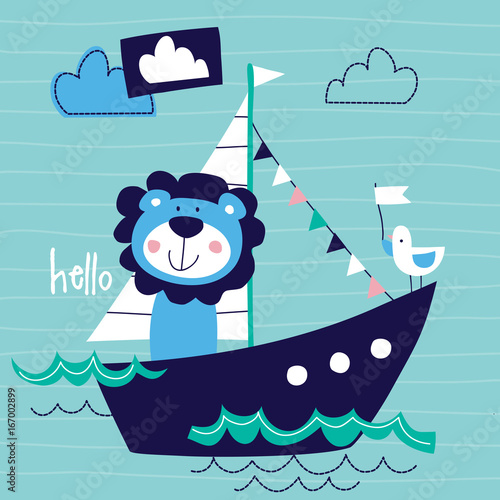 Fototapeta Naklejka Na Ścianę i Meble -  lion sailing on the sea vector illustration
