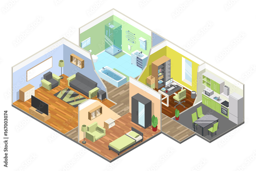 3d interior of modern house with kitchen, living room, bathroom and bedroom. Isometric illustrations set