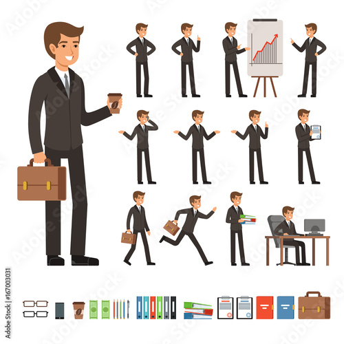 Vector set of businessman in different action poses with accessories. Funny characters illustrations