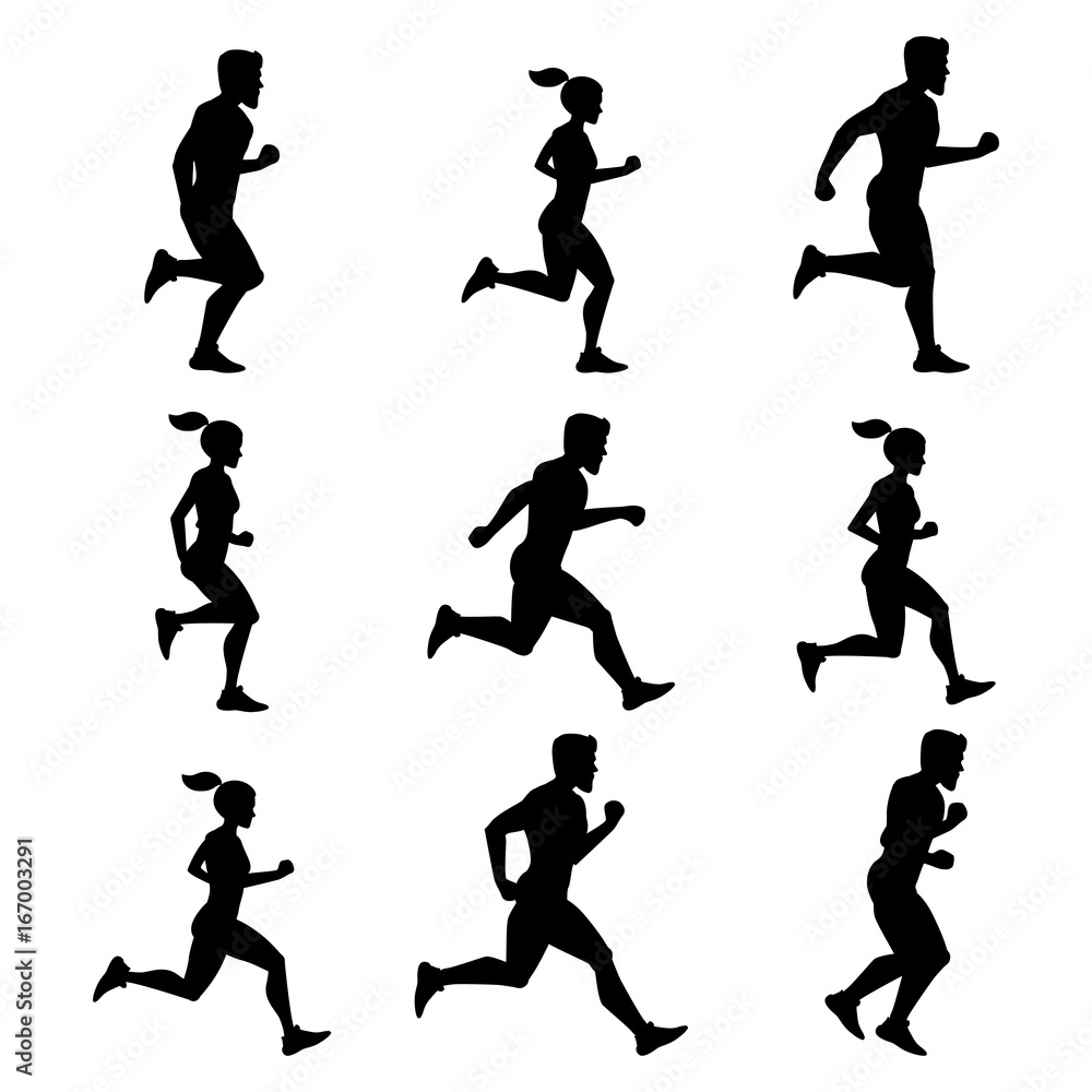 Group of runners. Silhouettes of male and female. Vector illustrations of fitness activities Group of runners. Silhouettes of male and female. Vector illustrations of fitness activities
