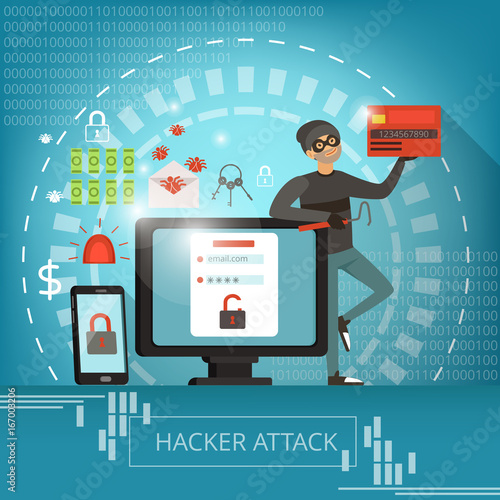 Concept illustration of computer crime and hacker mascot. Vector pictures