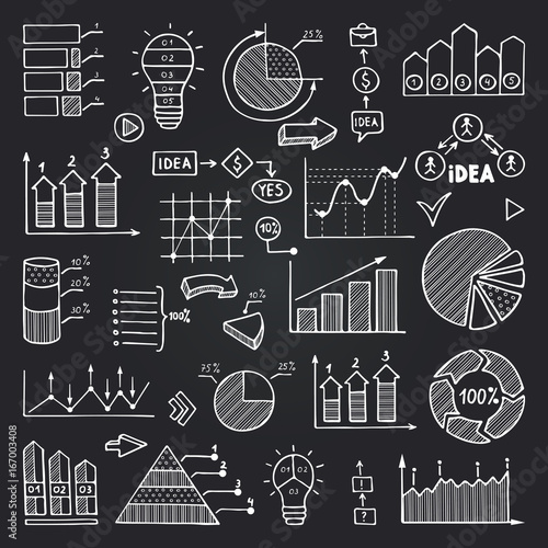 Charts  data graphs and other infographics elements isolate on black chalkboard. Vector pictures set