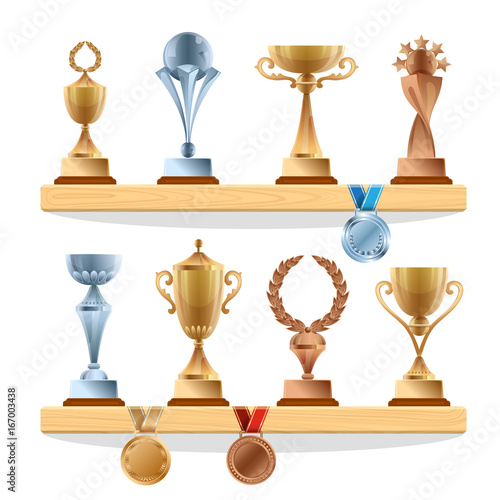 Trophy collections on the shelf. Golden, bronze and silver medals and cups. Vector awards set