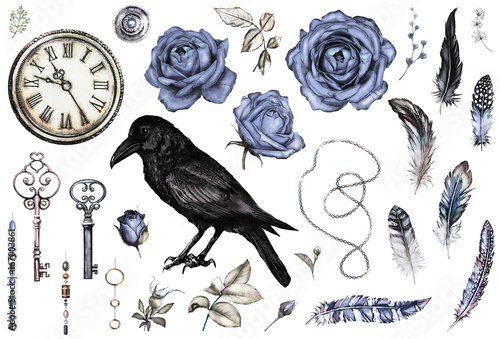 Large watercolor, Gothic set with a crow, blue  roses, keys, feathers, clock,  jewelry. Flowers and a bird in a tattoo style. Illustration isolated on white background. Vintage.