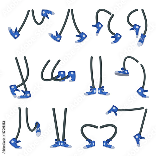 Characters legs in shoes. Different positions and situations. Walking, running and standing