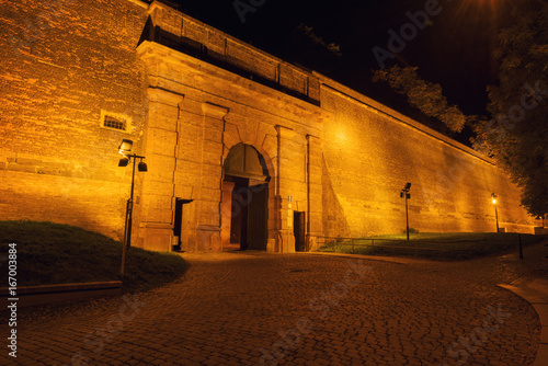 Gate to the Vyshehrad fortress (Nova brana) at night, Prague, Czech Republic, Europe photo