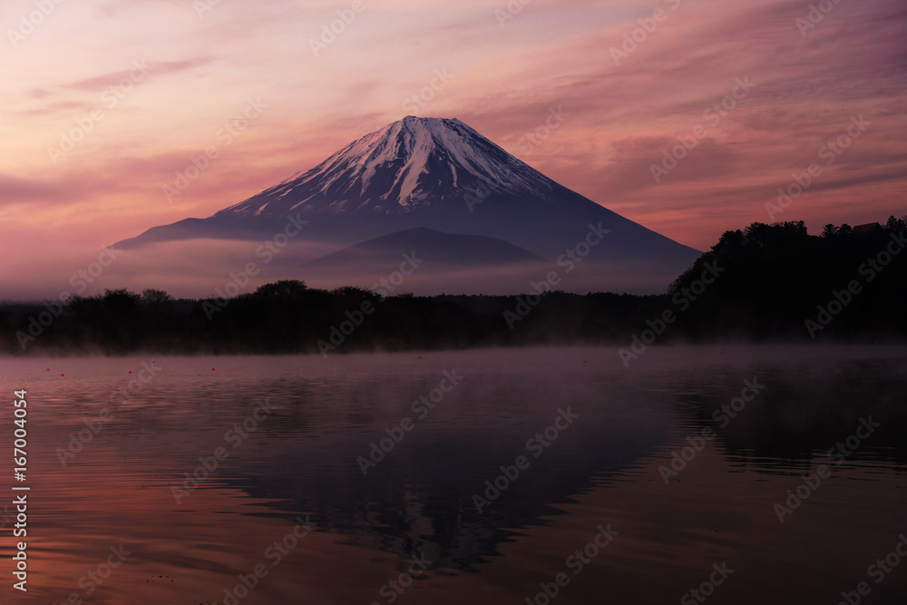 Mount Fuji and Lake Shoji at dawn