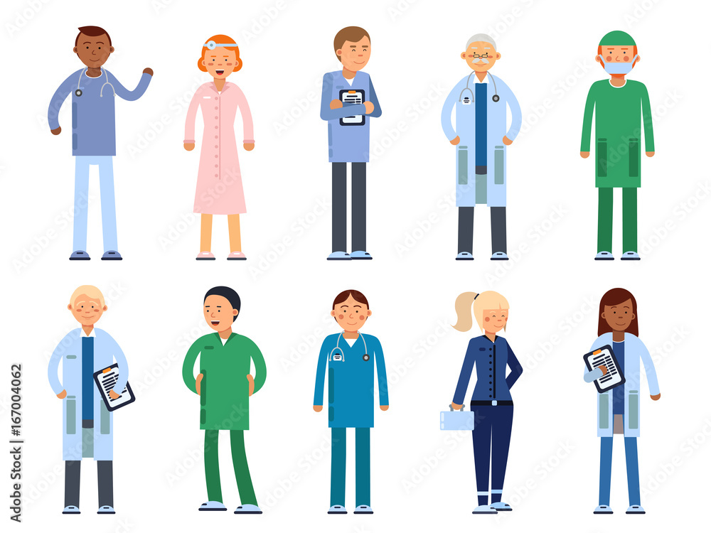 Healthcare people in hospital. Pharmacist, doctor, nurse and other medical characters Healthcare people in hospital. Pharmacist, doctor, nurse and other medical characters