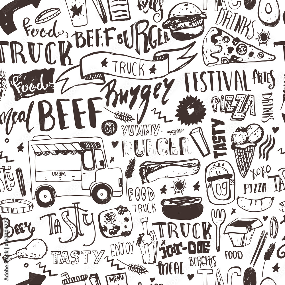 Fast food truck Seamless pattern with lettering and doodle items. Vector festival background for menu, wrapping.