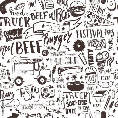 Dekoracja na wymiar  fast-food-truck-seamless-pattern-with-lettering-and-doodle-items-vector-festival-background-for-menu-wrapping