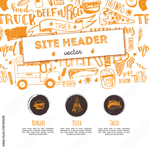 Junk food restaurant vector site header template. Festival promotion design with lettering and icons. Food truck doodle hand drawn sketch