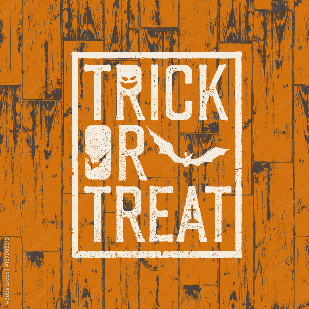 Happy Halloween Logotype on orange colored wooden background.  Grunge stamp letters and scary elements (bats, graves, pumpkins).