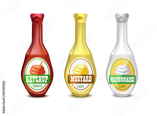 Vector Set of Blank Plastic Mayonnaise, Mustard and Ketchup Bottle for Branding with label 
